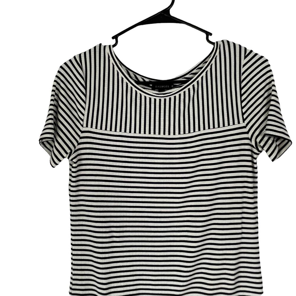 Talbots Womens XS Black White Striped Ribbed Short Sleeve Side Tie Top‎